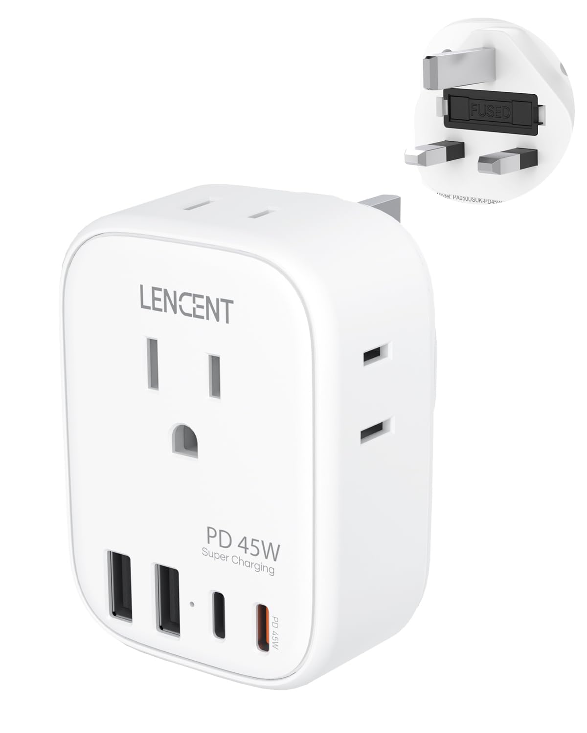 LENCENT US to UK Ireland Travel Plug Adapter, PD45W Grounded Type G Adapter