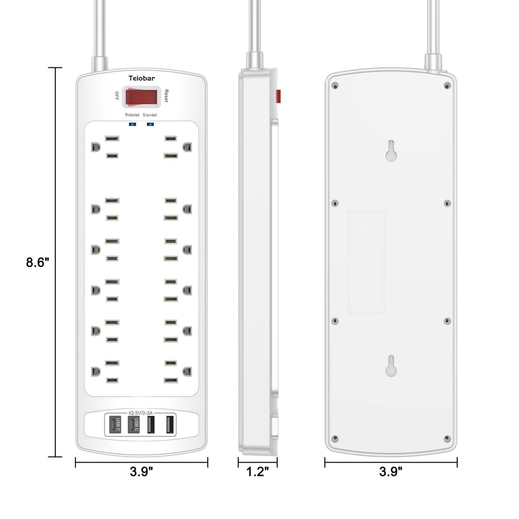 Teiobar Extension Cord Power Strip - White(12 Outlets/2U2C) / 6 Ft view 6