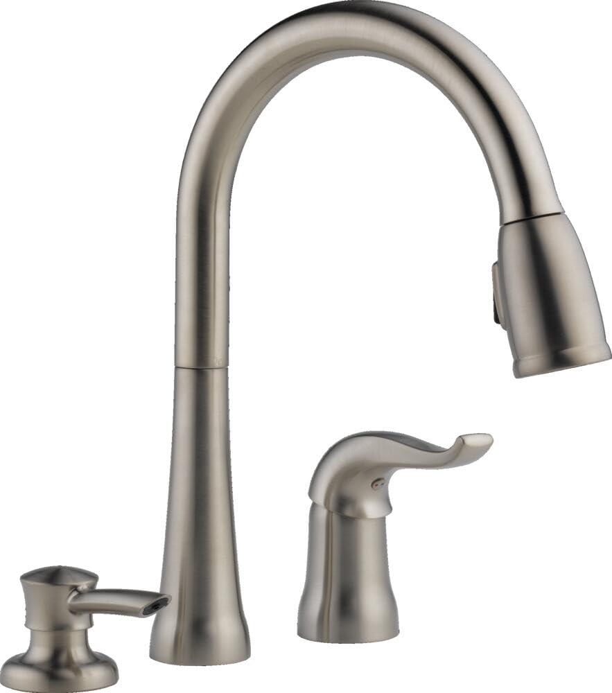 DELTA Kitchen Faucet with Pull Down Sprayer and Soap Disperser, Modern Two Hole Kitchen Sink Faucet, Single Handle