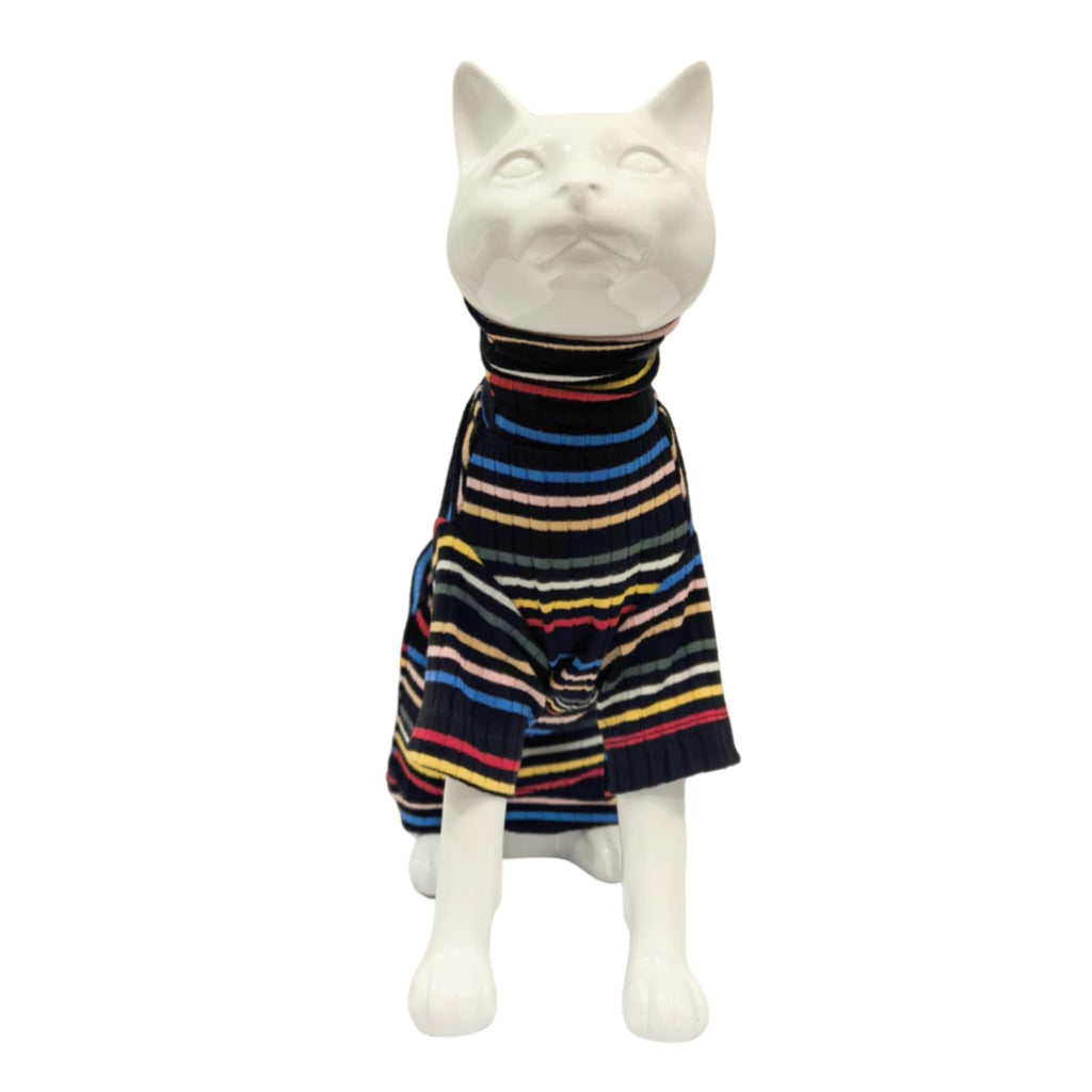 Turtle Neck Vintage Stripes Sphynx Hairless Cat Cotton T-Shirts Pet Clothes Vest Kitten Shirts Sleeveless - Dark Rainbow / XS (2-3 lbs) view 5