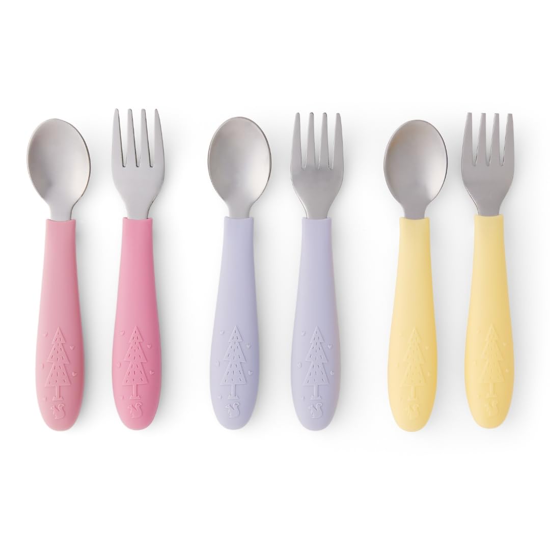 Elk and Friends Baby/Toddler Silverware with Silicone Handles | 6 Pieces - Blush/Lemon/Lilac
