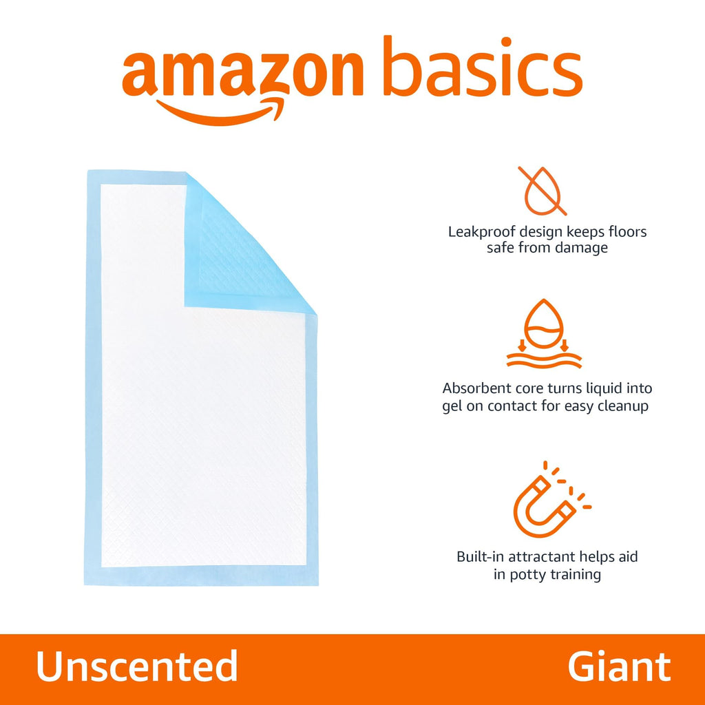 Amazon Basics Leak-Proof Dog and Puppy Potty Training Pee Pads with Quick-Dry 5-Layer Surface, Standard Absorbency
