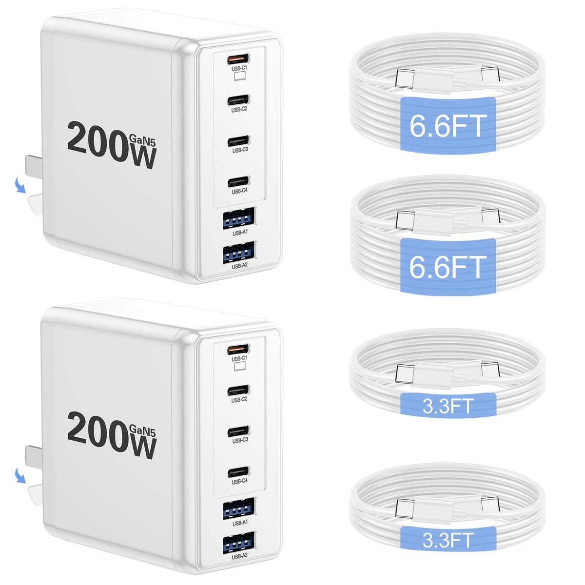 Lcssio 2 Pack 200W USB C Charger with 4 USB Cables, 6-Port Wall Charger
