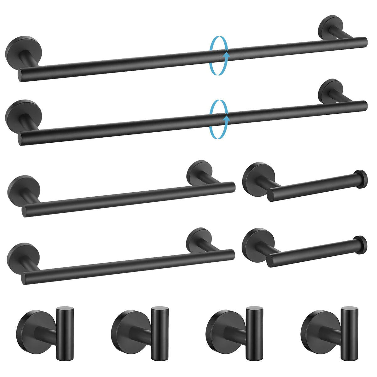 TURS Matte Black 10 Pieces Bathroom Hardware Set, SUS304 Stainless Steel 24 Inch Bath