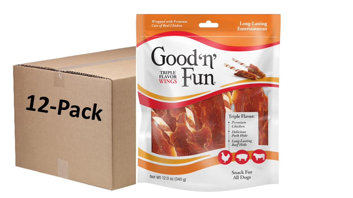 GOOD 'N' FUN Good ‘n’ Fun Triple Flavor Wings Chews for All Dogs, 12 Ounces, Treat Your Dog to Long-Lasting Chews Made (Pack of 12)