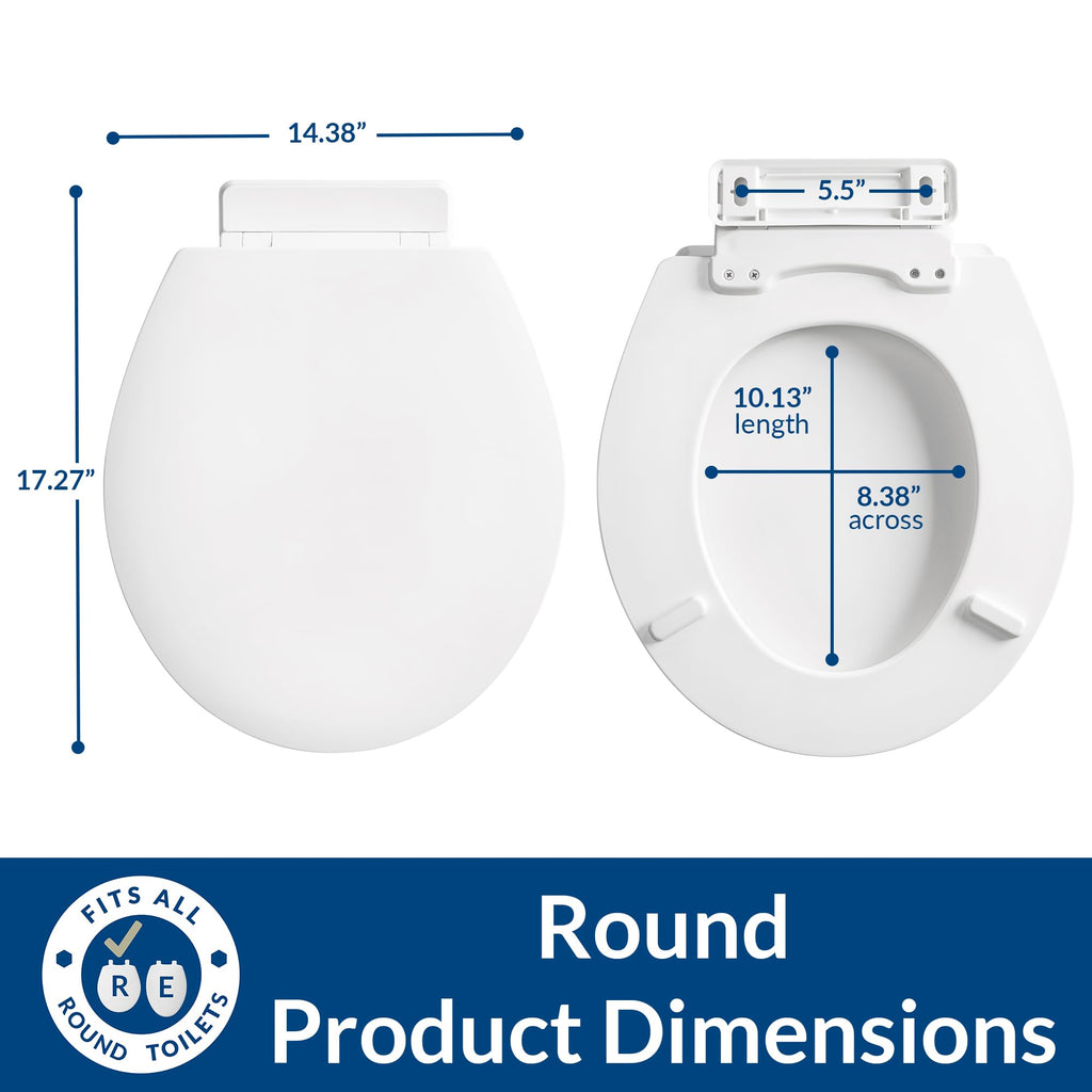 Mayfair Ashton Easy to Clean Single Hinge Toilet Seat, Modern Slow Close Wood Toilet Seat, Made in USA, Round, – White