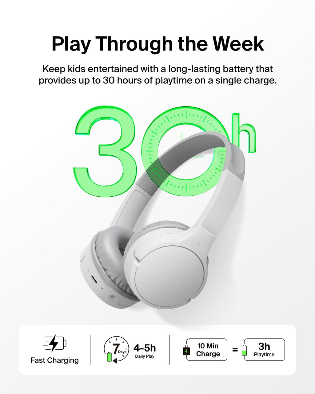 Belkin SoundForm Mini Kids Headphones - White / Wireless (USB-C) view 3