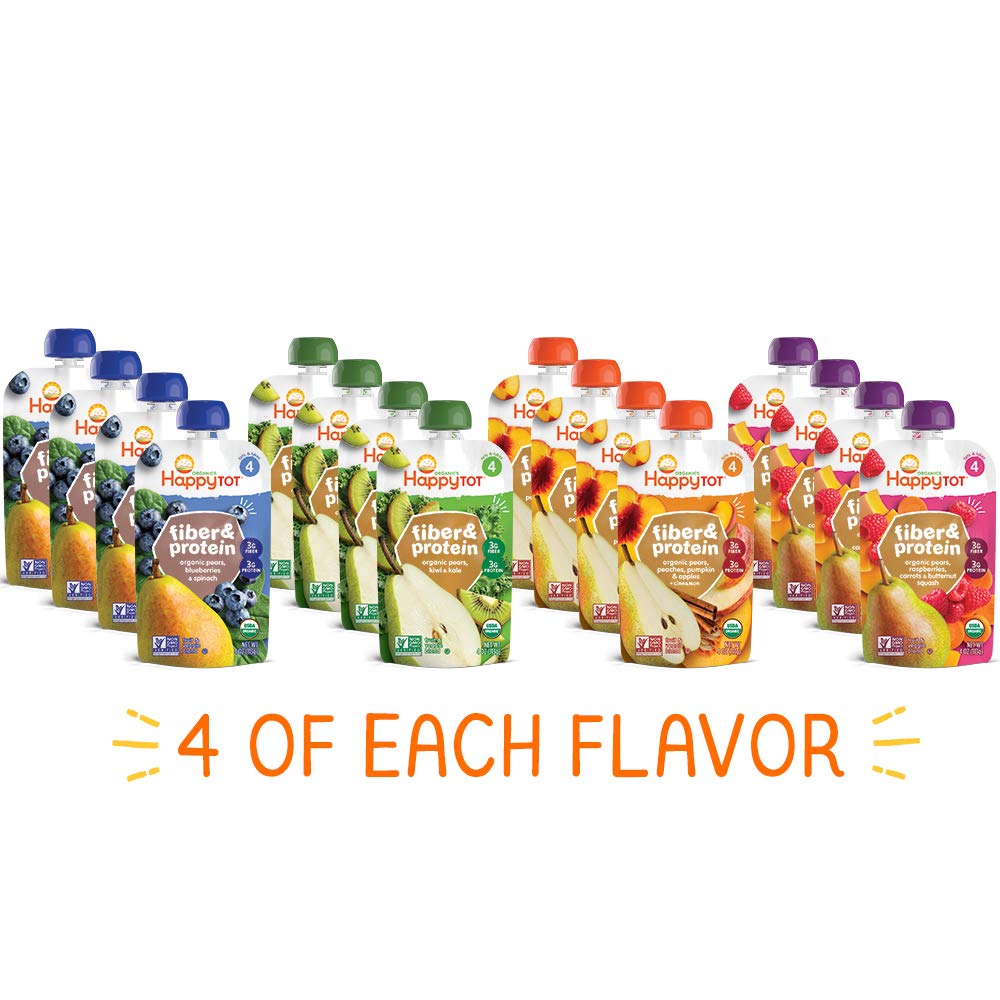 Happy Tot Organics Stage 4 Baby Food Pouches, Gluten Free, Vegan Snack, Fiber & Protein Fruit & Veggie Puree, Fruit & (Pack of 16)