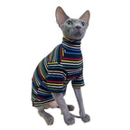 Turtle Neck Vintage Stripes Sphynx Hairless Cat Cotton T-Shirts Pet Clothes Vest Kitten Shirts Sleeveless - Dark Rainbow / XS (2-3 lbs)
