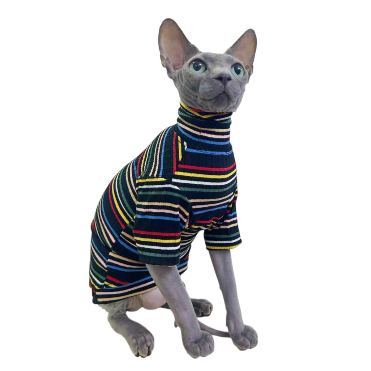Turtle Neck Vintage Stripes Sphynx Hairless Cat Cotton T-Shirts Pet Clothes Vest Kitten Shirts Sleeveless - Dark Rainbow / XS (2-3 lbs)