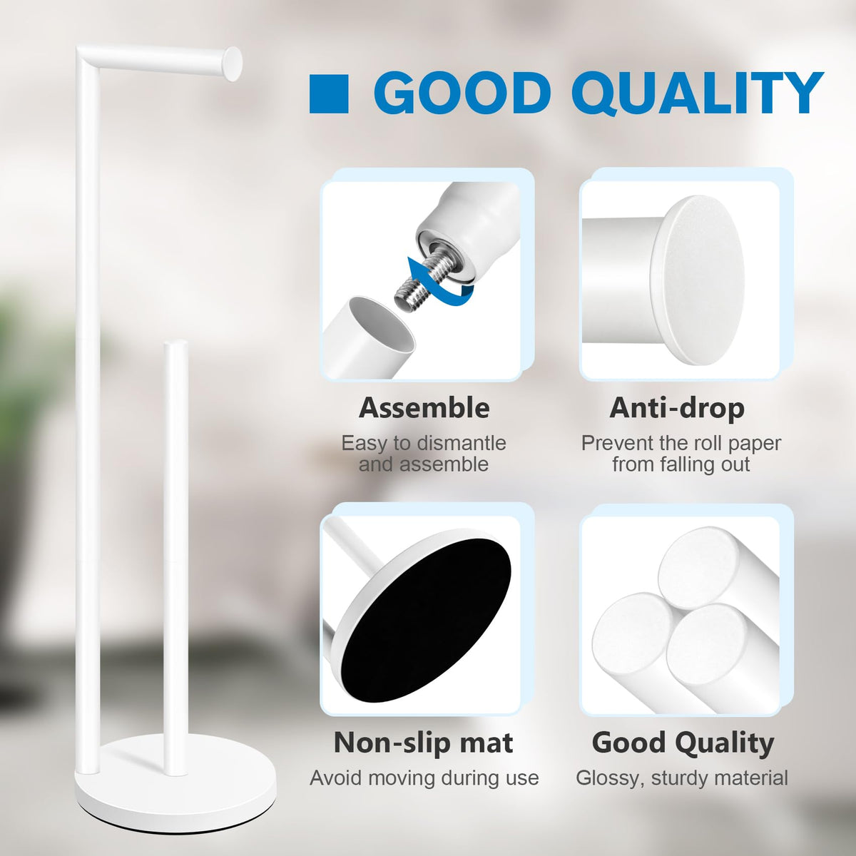Toilet Paper Holder Stand, Toilet Paper Free Standing - White view 2