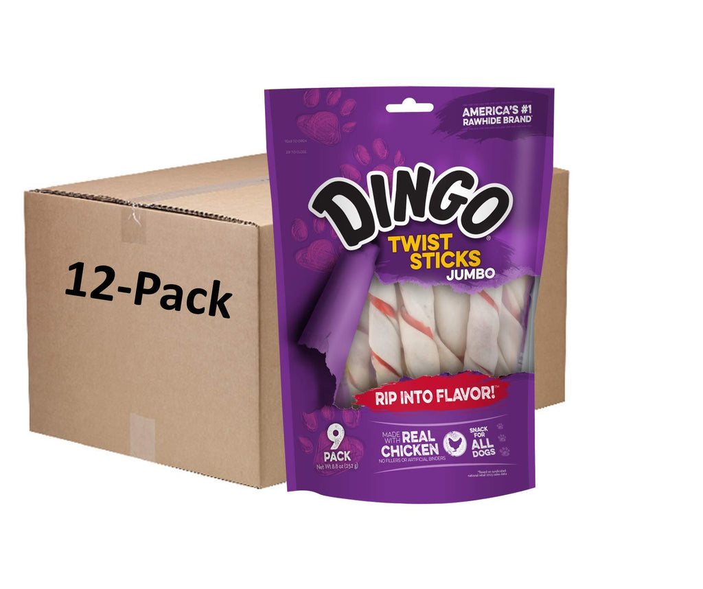 Dingo Jumbo Twist Sticks Rawhide Dog Treats, 9 Ct (12 Pack) (DN-99085)