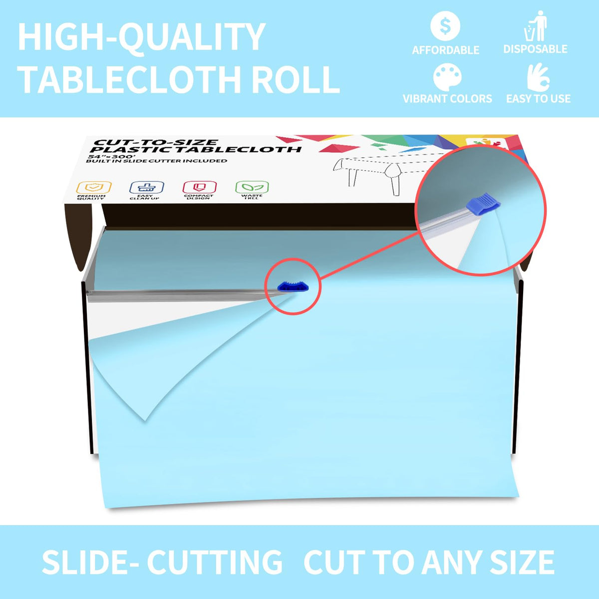 CXPSINC 54 Inch Plastic Table Cover Roll Disposable Tablecloth with Slide Cutter - Light Blue / 3600" x 54" (Rectangular) view 3