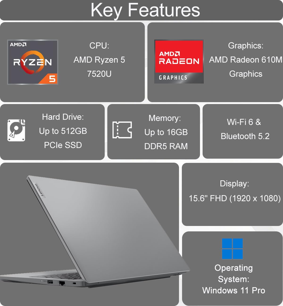 Lenovo Laptop Computer V15, AMD Ryzen 5 7520U, 16GB DDR5 RAM, 512GB SSD (additional view 1)