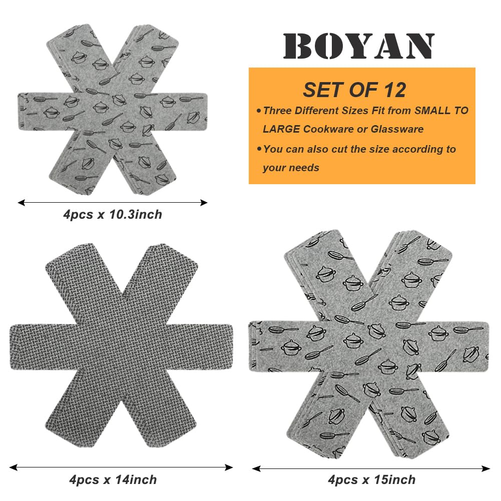 BOYAN Pot and Pan Protectors for Stacking, 12pcs & 3 Sizes, Separator Pads (Pack of 12)