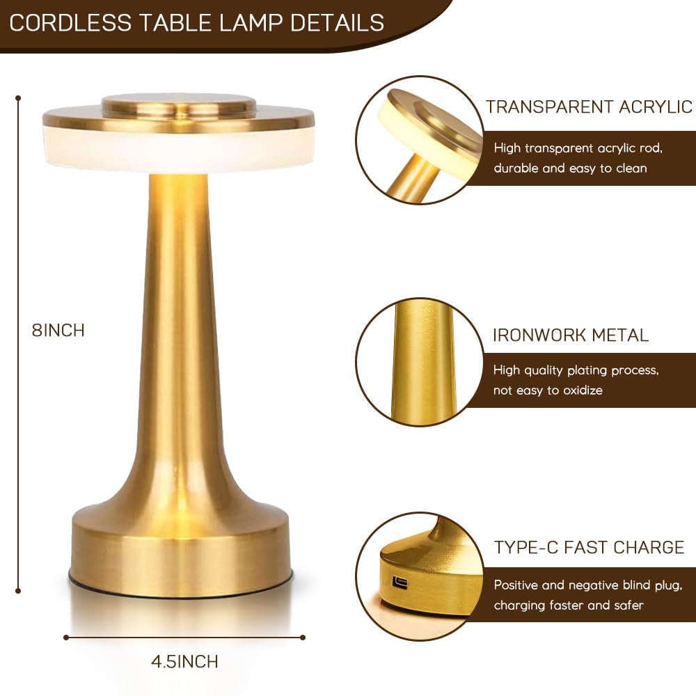 JHPGEOE Cordless Metal Desk Lamp - Champagne Gold view 5
