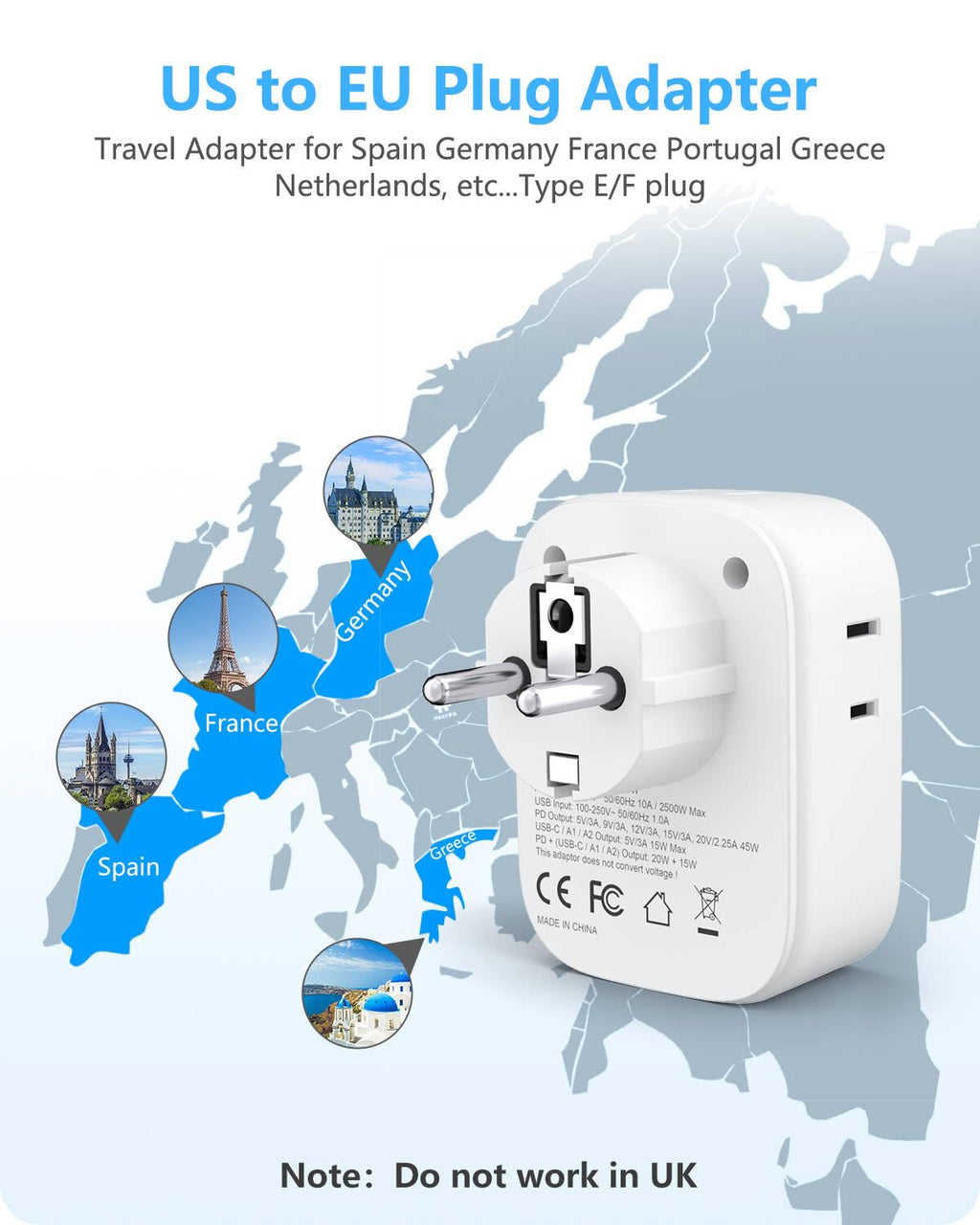 LENCENT Travel Plug Adapter - Type E/F-45W-Germany view 1