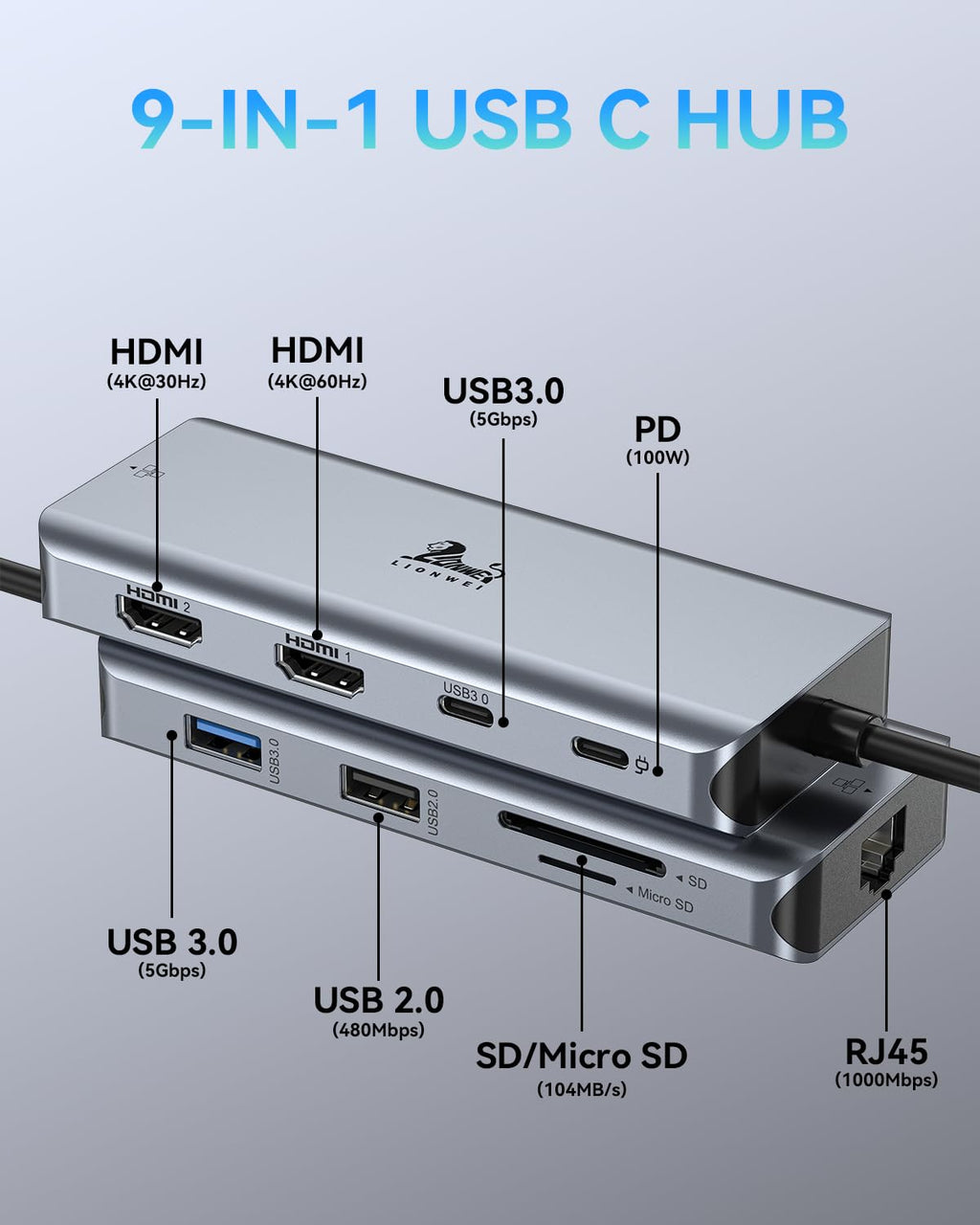 LIONWEI USB C Hub Docking Station Laptop - 9-in-1 (2 HDMI) view 6