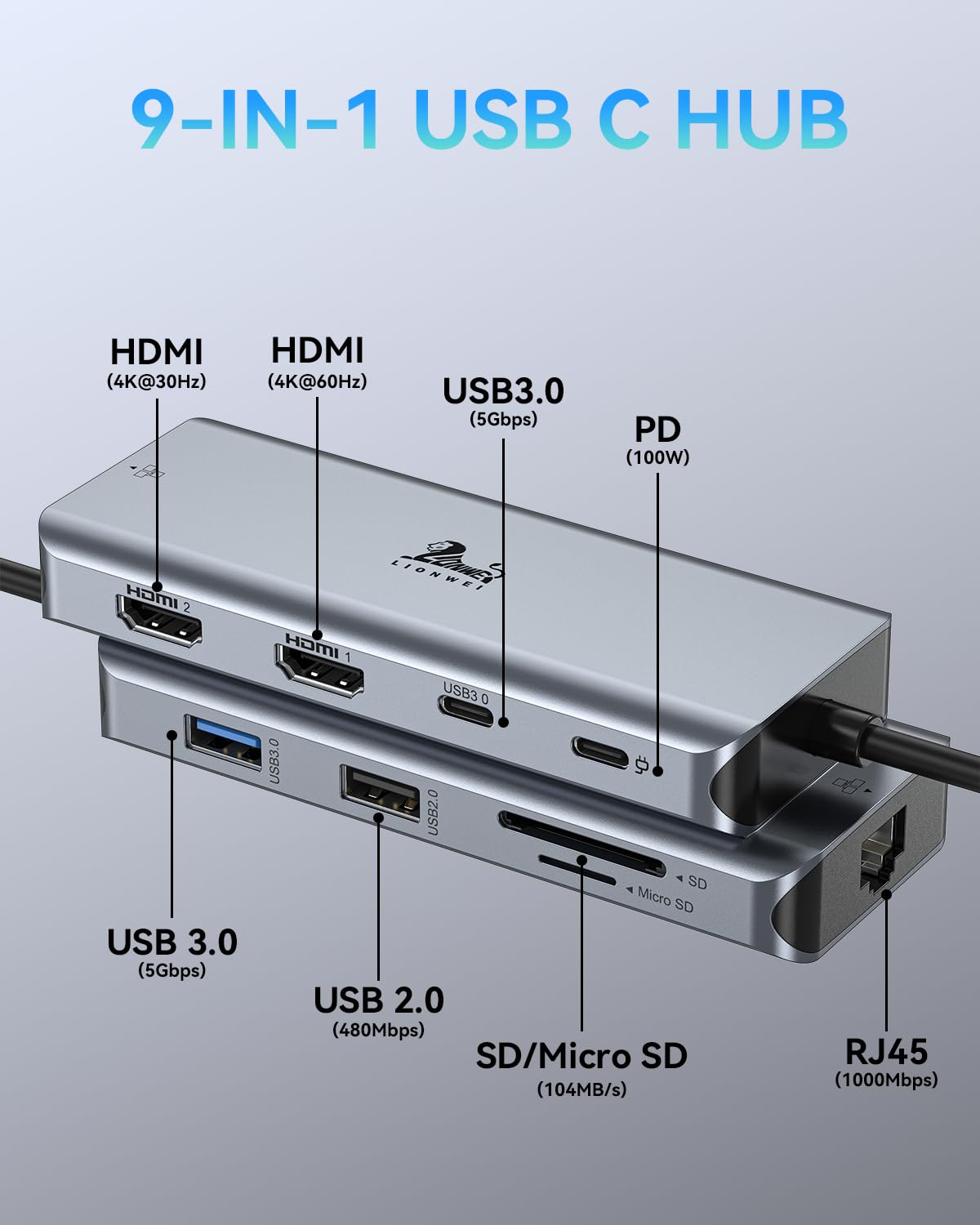 LIONWEI USB C Hub Docking Station Laptop - 9-in-1 (2 HDMI) view 6