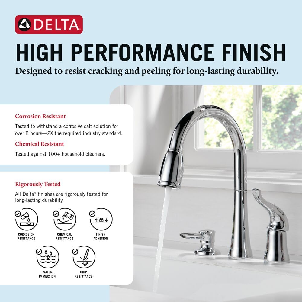 DELTA Kitchen Faucet with Pull Down Sprayer and Soap Disperser, Modern Two Hole Kitchen Sink Faucet, Single Handle