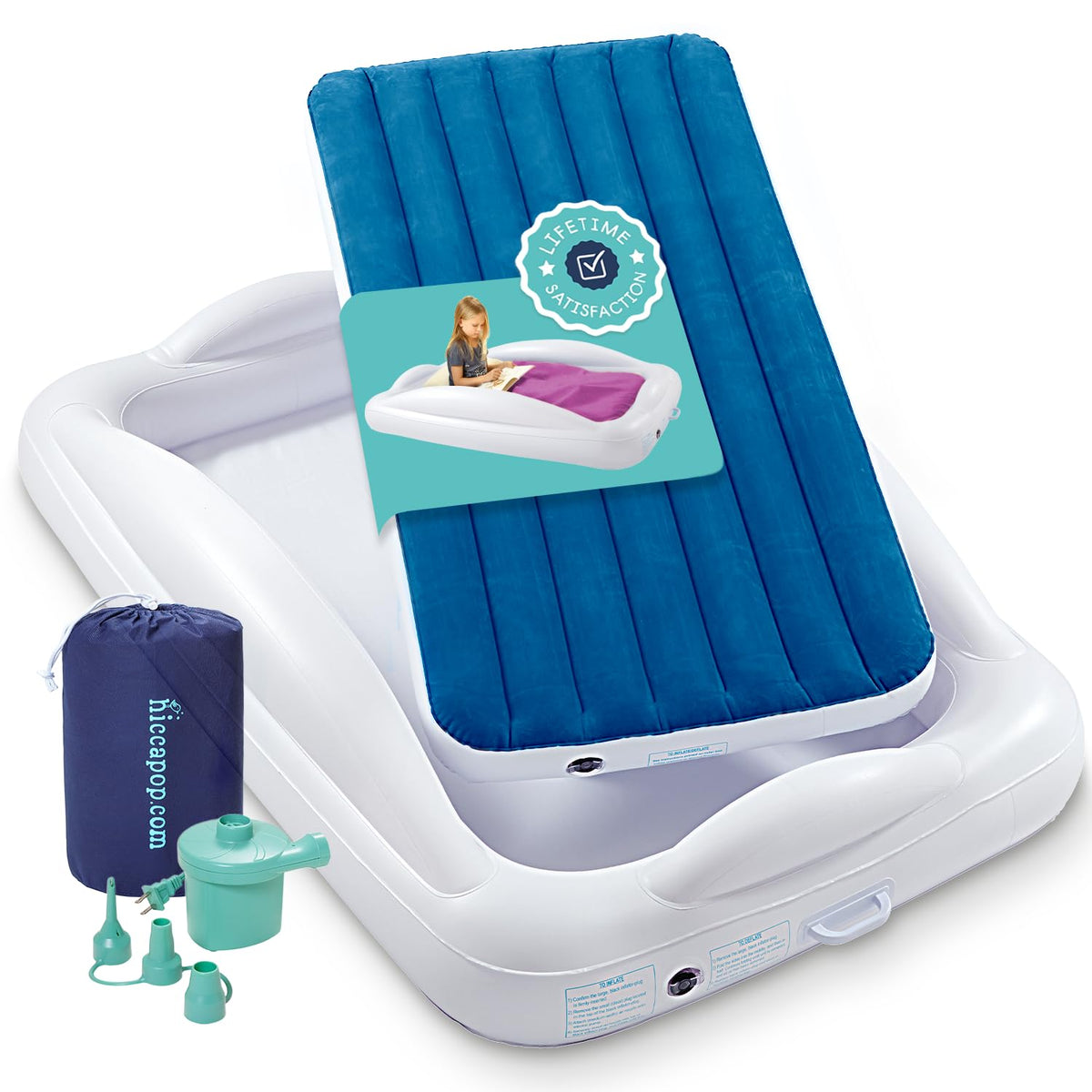 Hiccapop Inflatable Toddler Bed with Safety Bumpers, Kids Travel Bed, – Navy (HP-ITB)