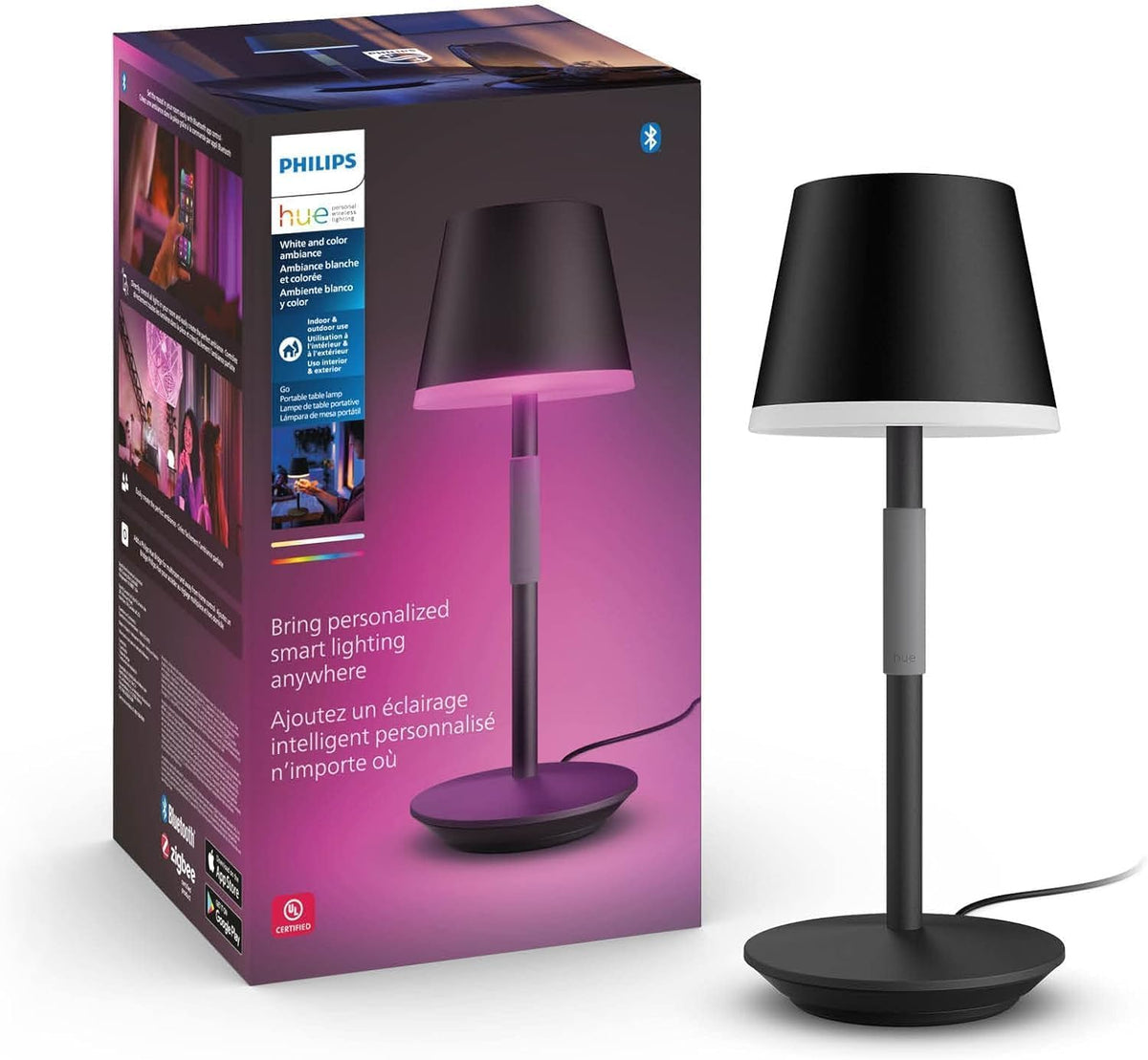PHILIPS Hue Go Smart Portable Table Lamp, 1 Pack, Black, White and Color Ambiance LED