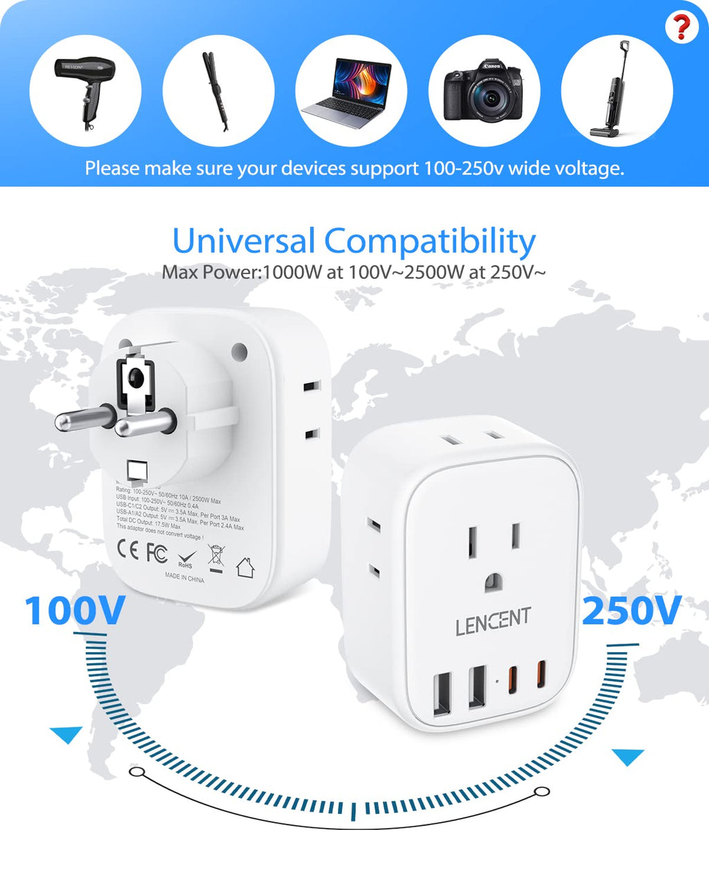 LENCENT Travel Plug Adapter - Type E/F-17.5W- Germany view 3