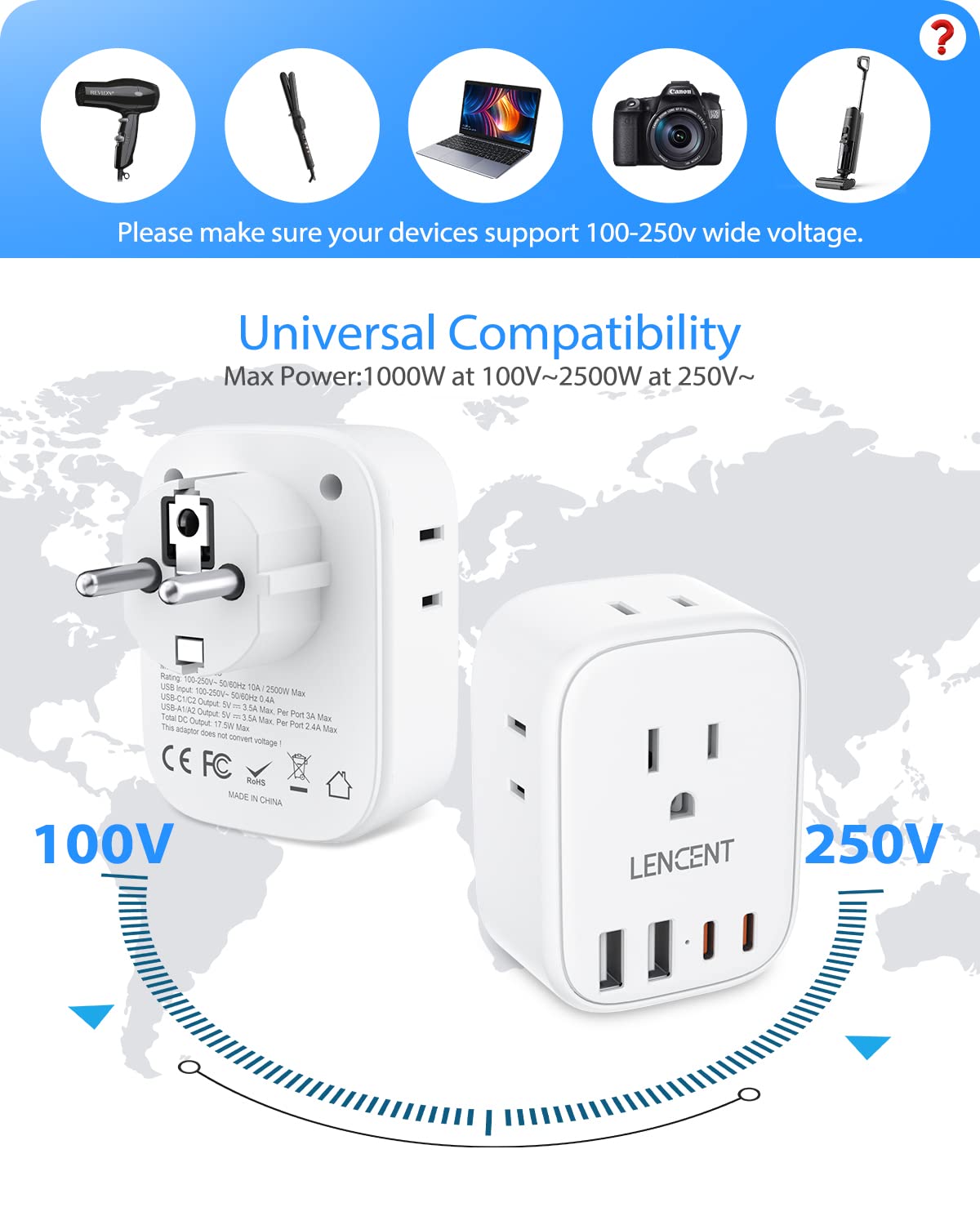 LENCENT Travel Plug Adapter - Type E/F-17.5W- Germany view 3