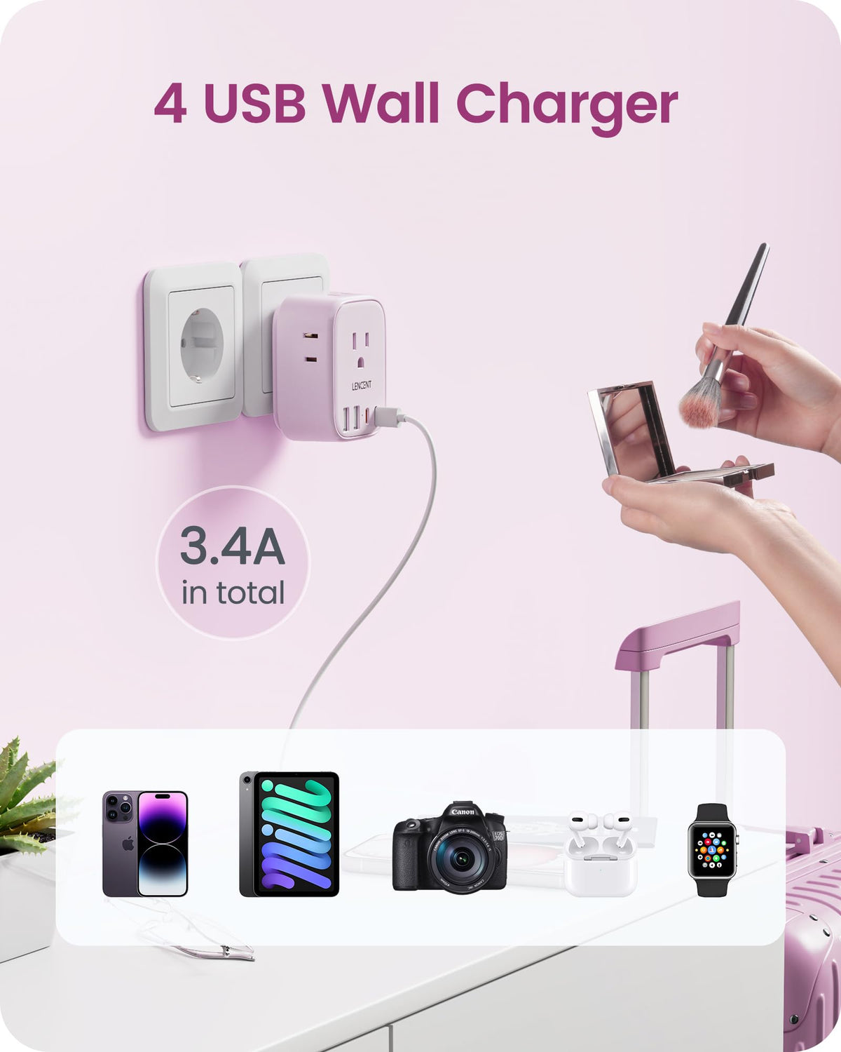 LENCENT Travel Plug Adapter - Type C-17.5W-Most of Europe-Pink view 4