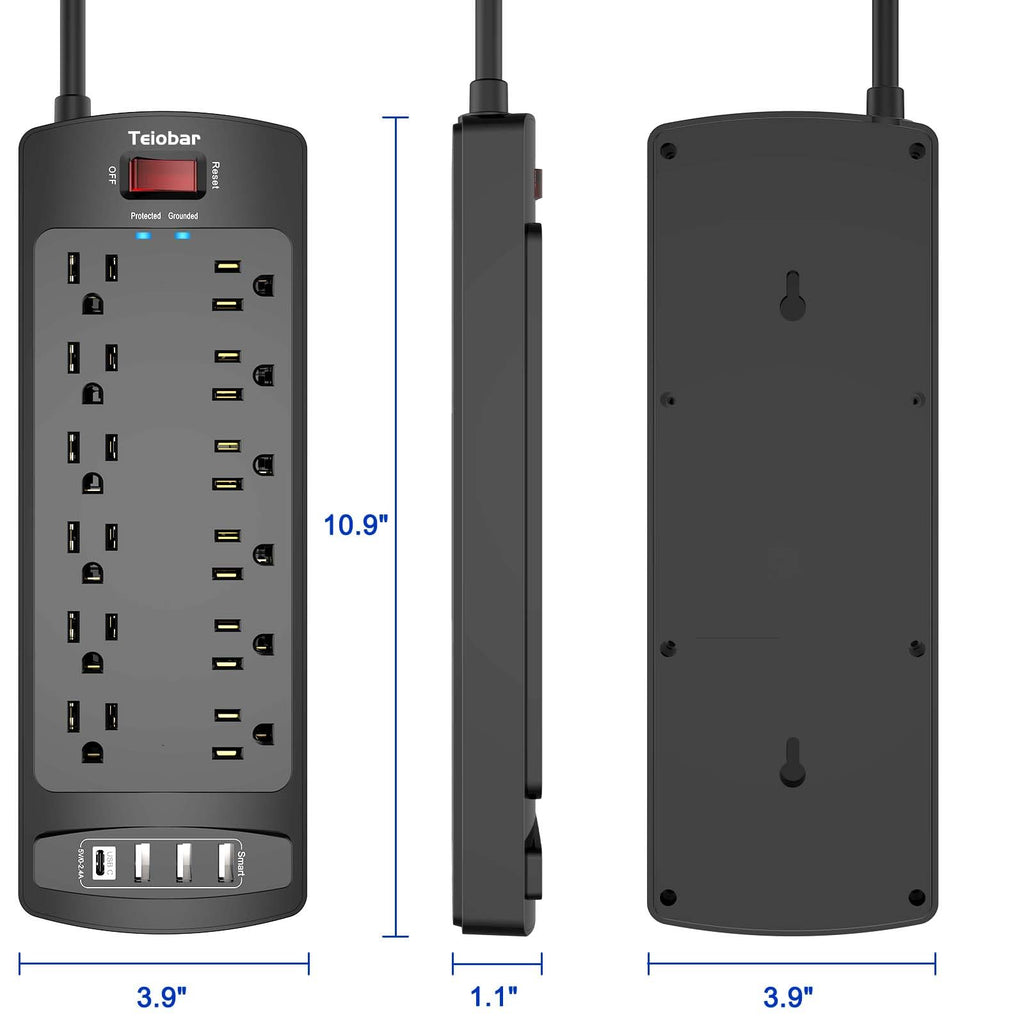 Teiobar Extension Cord Power Strip - Black(12 Outlets/3U1C) / 6 Ft view 6