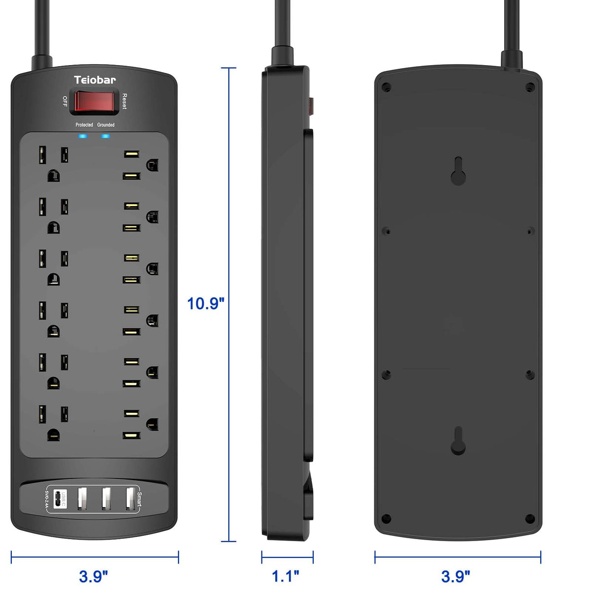 Teiobar Extension Cord Power Strip - Black(12 Outlets/3U1C) / 6 Ft view 6
