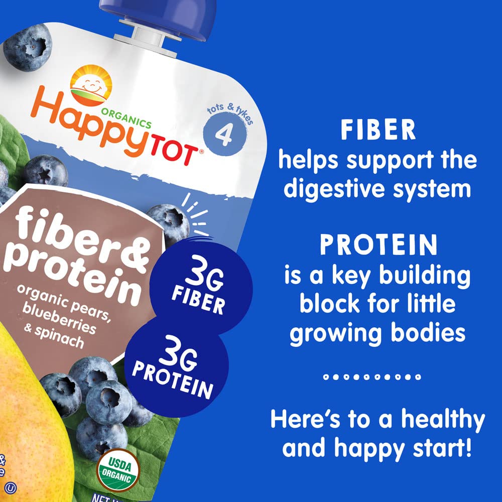 Happy Tot Organics Stage 4 Baby Food Pouches, Gluten Free, Vegan Snack, Fiber & Protein Fruit & Veggie Puree, Fruit & (Pack of 16)