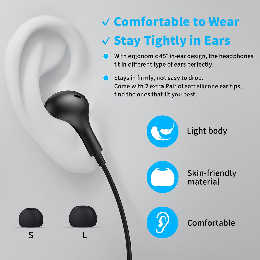 USB C Headphones for iPhone 18 Pro Max 17 16 15/Galaxy S26 FE Wired Earbuds - Black view 4