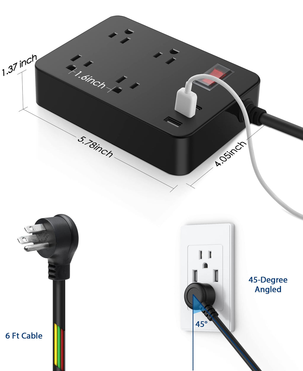 Power Strip, 4 Flat Plug