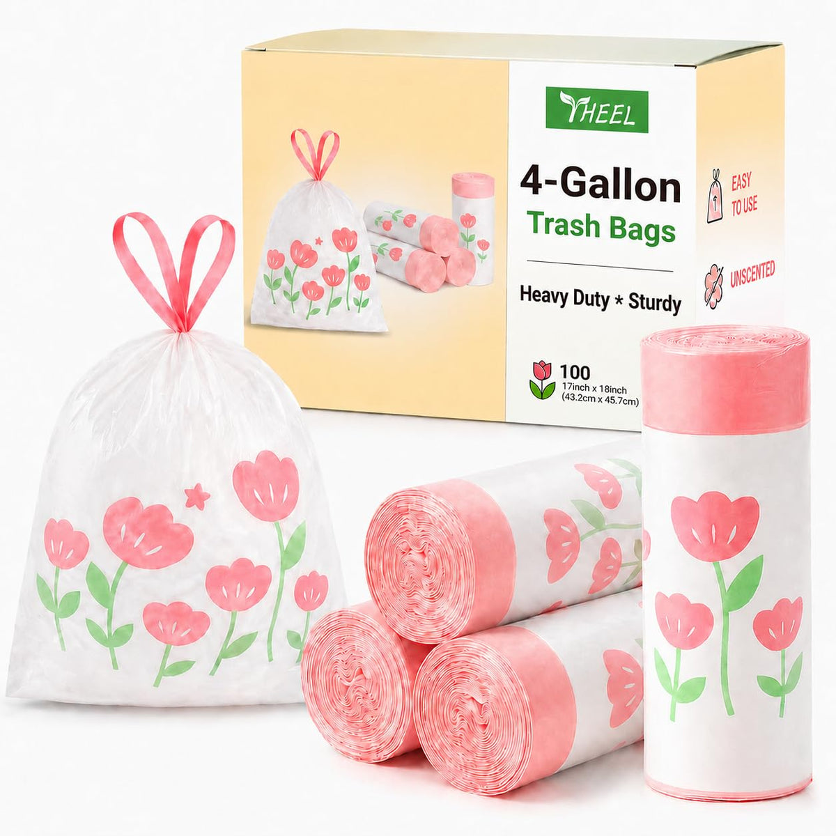 4 Gallon Trash Bags Drawstring - Unscented Small Garbage Bags 100 Count