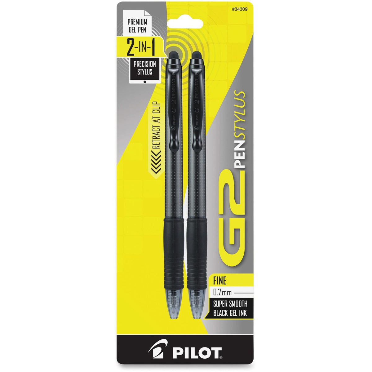 PILOT G2 Pen Stylus Gel Pens, Fine Point 0.7mm, Black Ink, 2-Pack