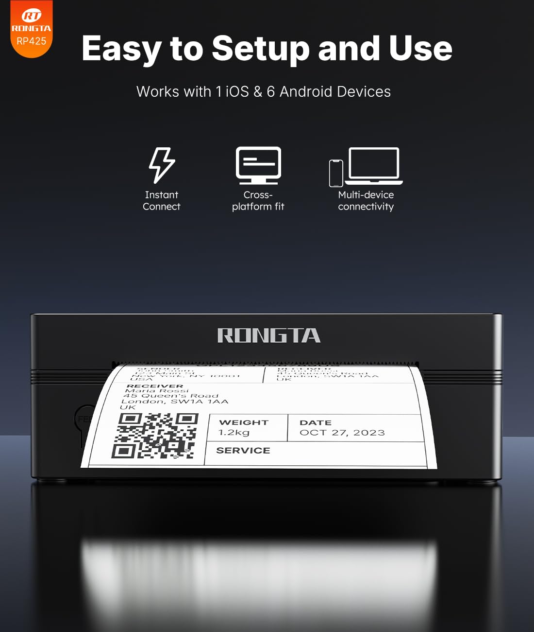 Rongta Bluetooth Shipping Label Printer, Wireless 4x6 Thermal Label Printer for Shipping Packages, Support Phones (Pack of 50)