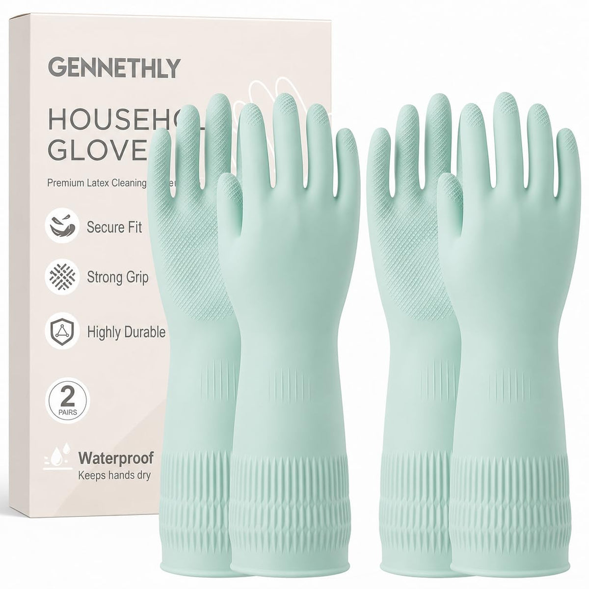 Gennethly Rubber Dishwashing Gloves - Green (2 Pairs) / Medium