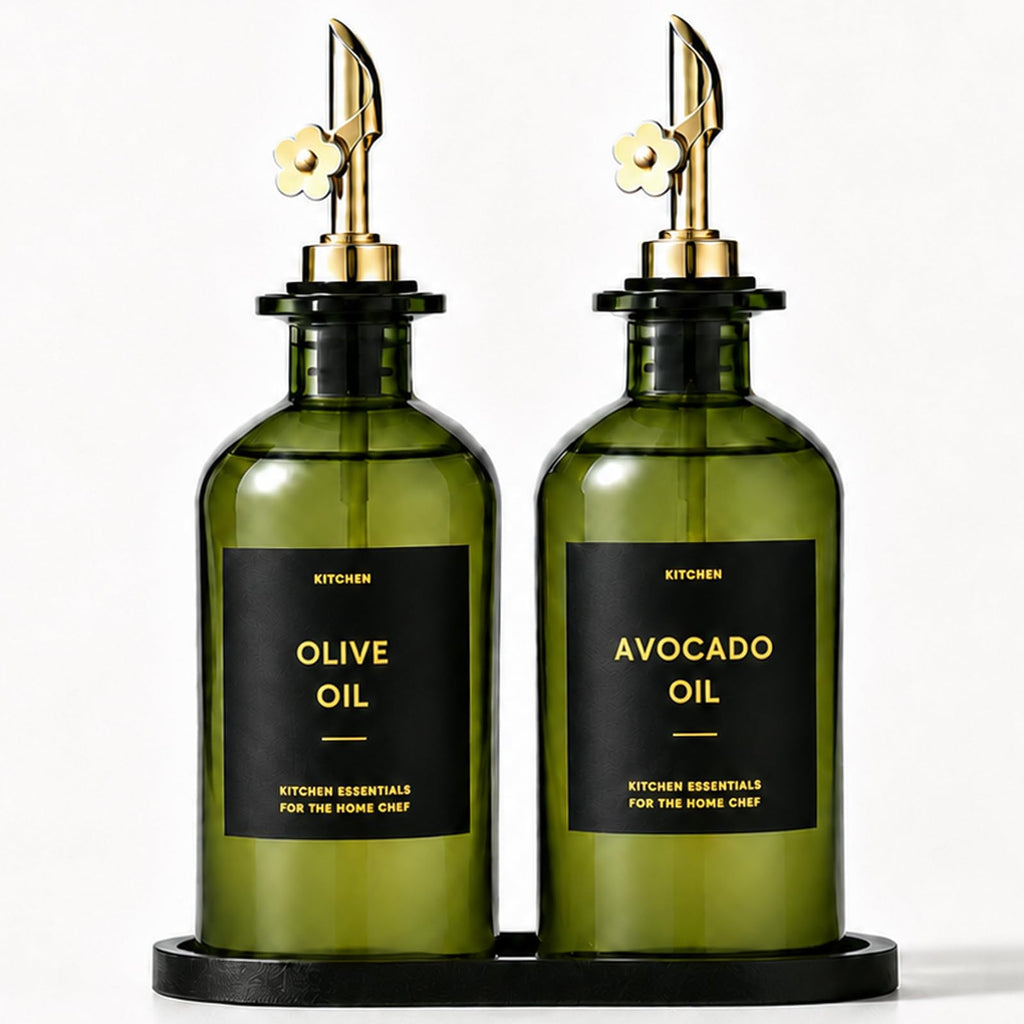 Olive Oil Dispenser for Kitchen, 2-Pack 12oz Glass Bottle - Olive-Green&Gold Labels