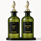 Olive Oil Dispenser for Kitchen, 2-Pack 12oz Glass Bottle - Olive-Green&Gold Labels