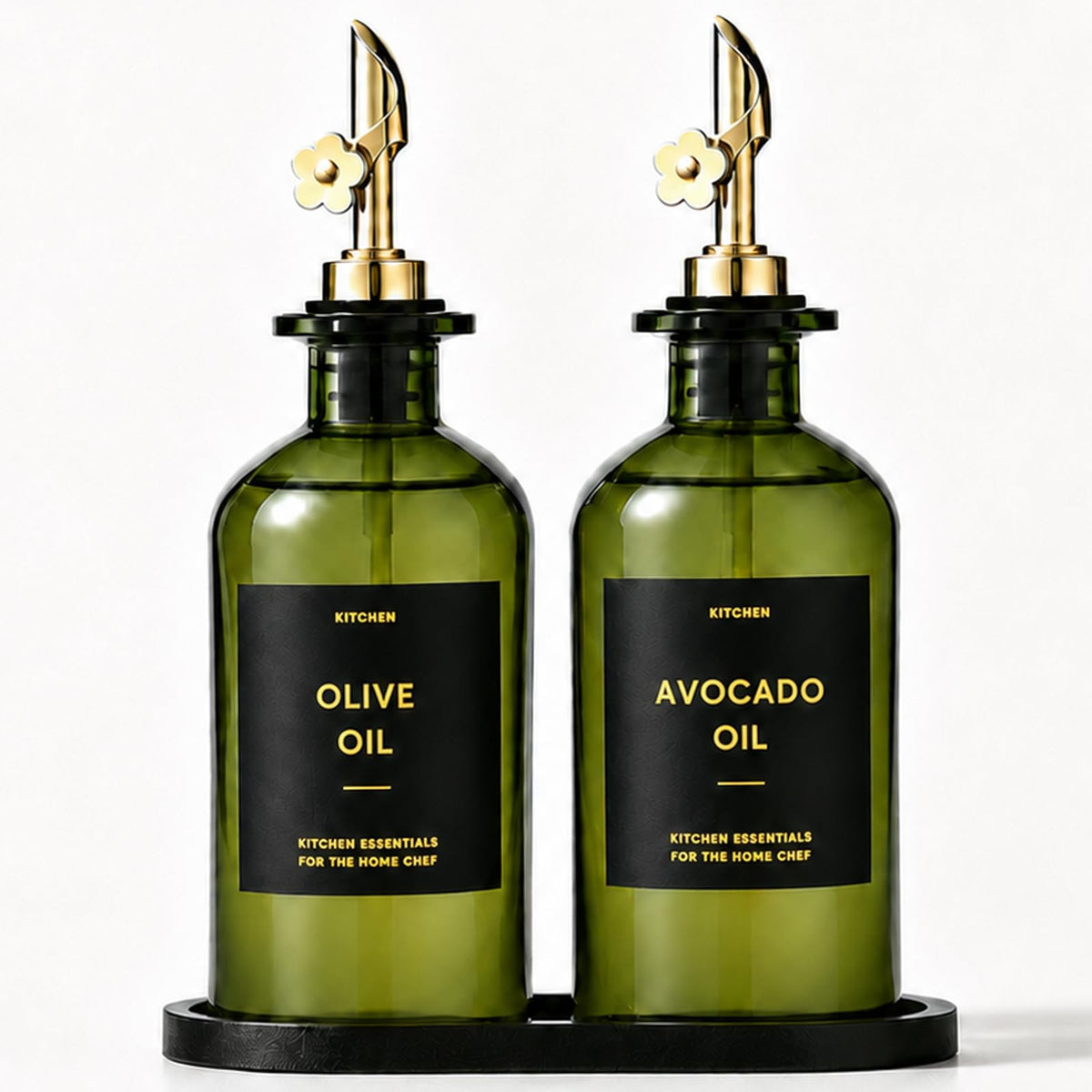 Olive Oil Dispenser for Kitchen, 2-Pack 12oz Glass Bottle - Olive-Green&Gold Labels