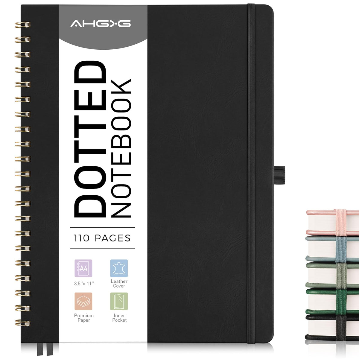 AHGXG 110-Page A4 Spiral Notebook - Black / A4-Dotted