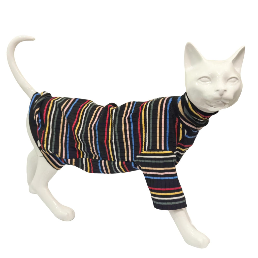 Turtle Neck Vintage Stripes Sphynx Hairless Cat Cotton T-Shirts Pet Clothes Vest Kitten Shirts Sleeveless - Dark Rainbow / XS (2-3 lbs) view 3