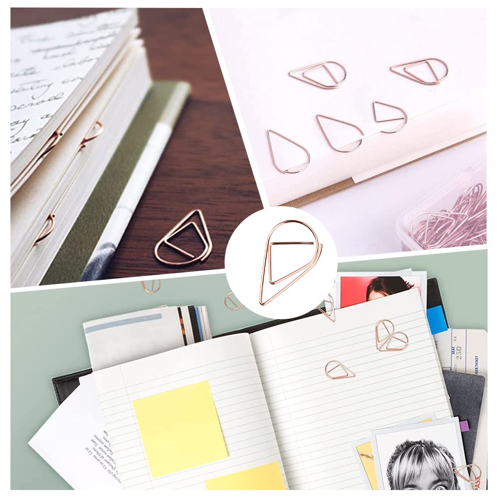 100 Pcs Small Golden Paperclips Stainless Steel Waterdrop Shaped Paperclips Bookmarks Paper Clips Clamps for Memo Paper Photo 15 * 25mm - Rose Golden view 1