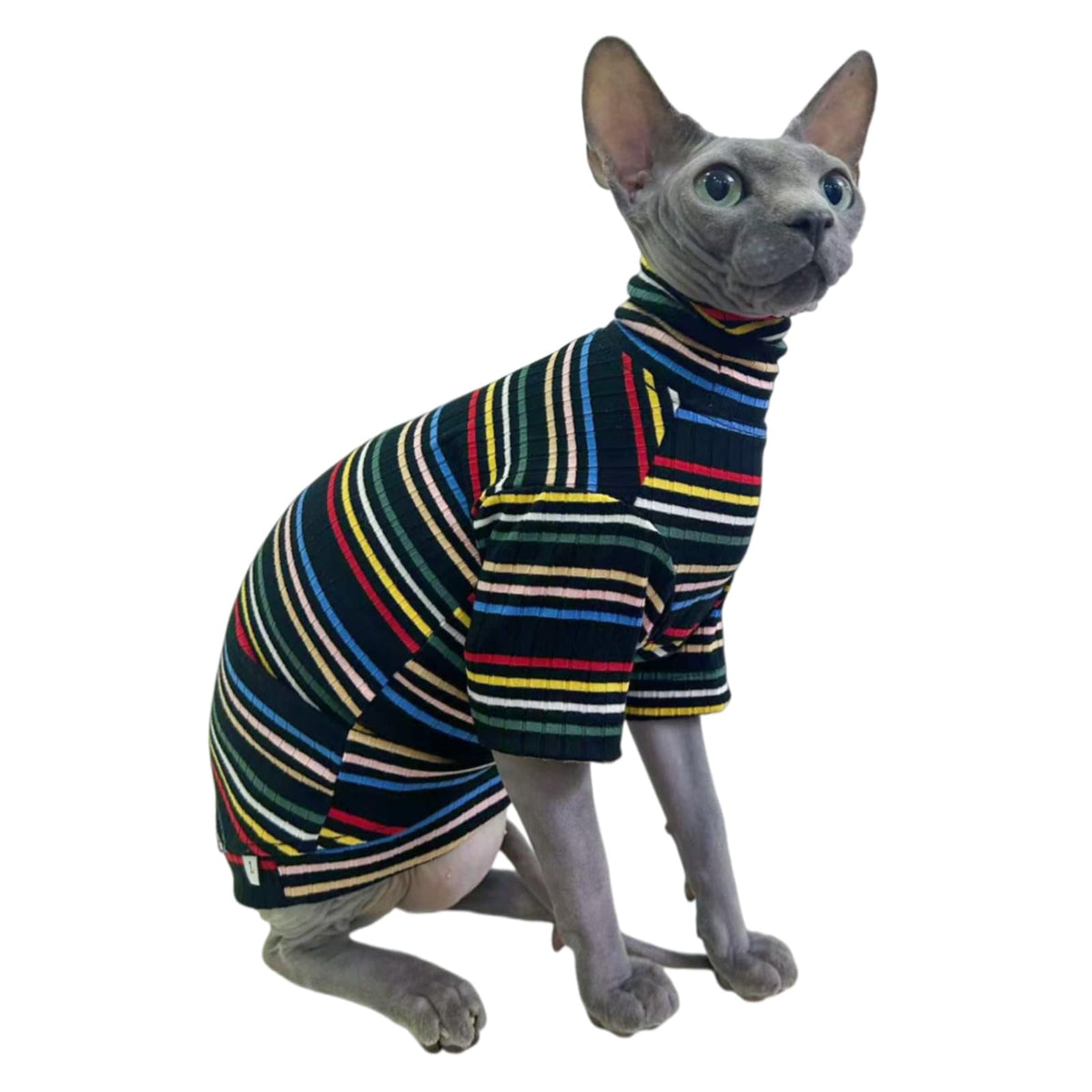 Turtle Neck Vintage Stripes Sphynx Hairless Cat Cotton T-Shirts Pet Clothes Vest Kitten Shirts Sleeveless - Dark Rainbow / XS (2-3 lbs) view 1