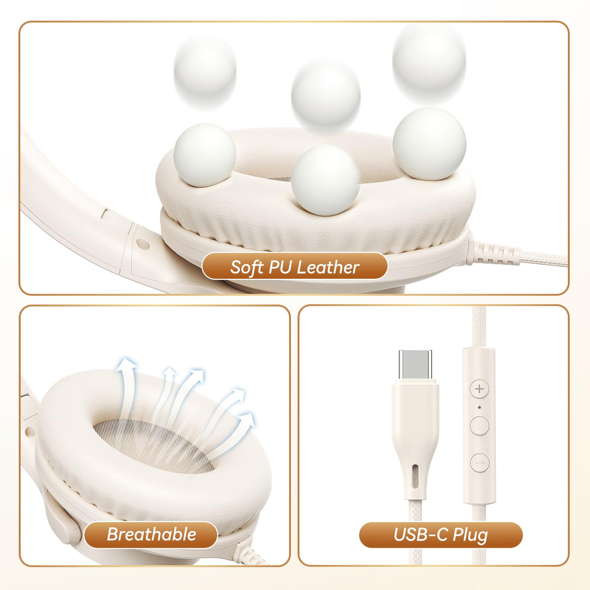 KVIDIO Wired Headphones with Mic - Beige view 6