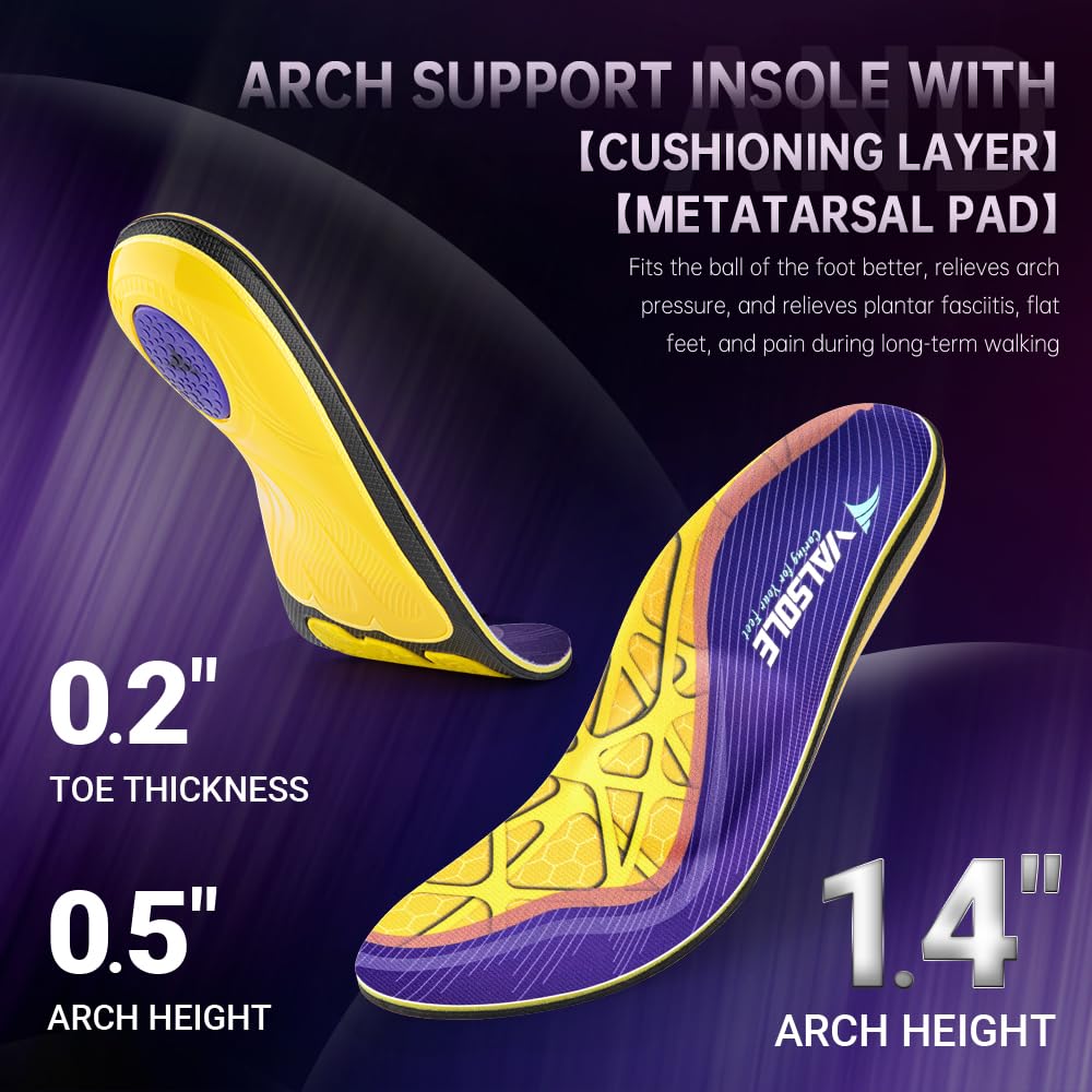 VALSOLE Plantar Fasciitis Insoles for Men Women - 220+lbs Heavy Duty Support Pain Relief Orthotics - High Arch Insoles (Pack of 2)