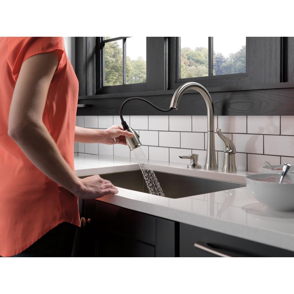 DELTA Kitchen Faucet with Pull Down Sprayer and Soap Disperser, Modern Two Hole Kitchen Sink Faucet, Single Handle