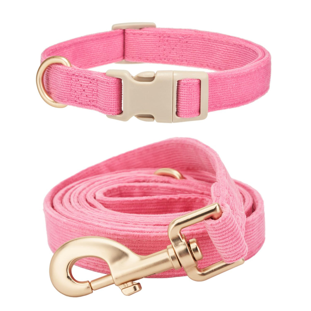 YUDOTE Corduroy Dog Collar Leash Set Adjustable Pet Walking Gear - Hot Pink / Large
