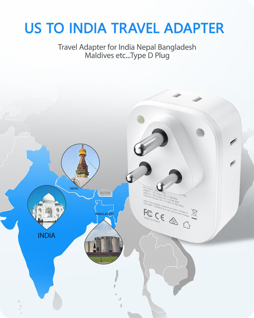 LENCENT Travel Plug Adapter - Type D-17.5W-India Maldives view 1